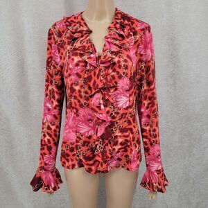 Gallia Y2K Silk Floral Leopard Cascading Ruffle Poet Red Pink Blouse Top
